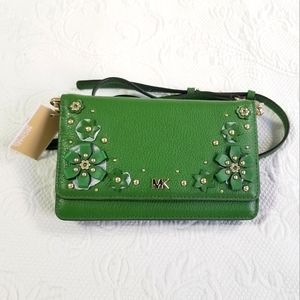 *NEW* MICHAEL KORS Green Leather Crossbody Bag with Embelishments